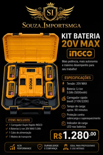 Kit INGCO com 4 baterias de 0.5 Ah e 1 carregador com maleta.