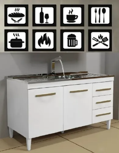 Balcão Cozinha C/Pia INOX 2Portas 3Gavetas 1.20M. Produto Novo Direto de Fábrica.