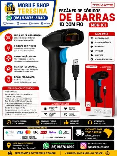 Leitor Código de Barras 1D USB Com Fio Tomate MDK-101