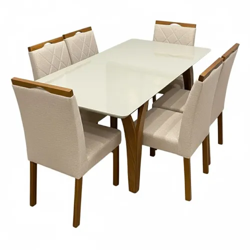 Mesa de Jantar Agata 180x90cm com Vidro e 6 Cadeiras California em Linho- pronta entrega 