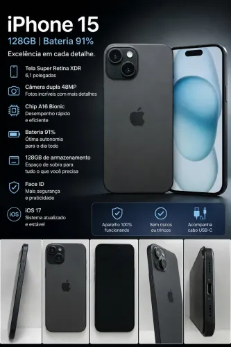 iPhone 15 128GB Preto | 91% de Bateria | Excelente Estado | Face ID OK