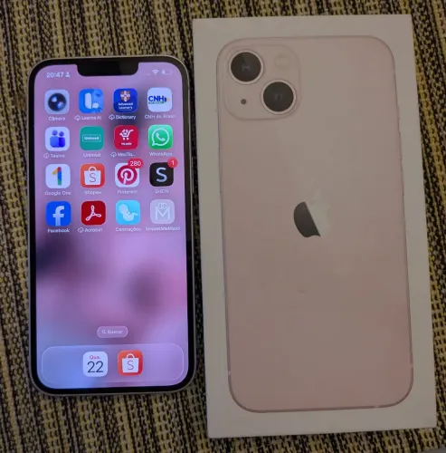 iPhone 13 rosa, na caixa, estado de novo