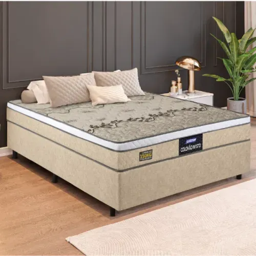 Cama Box Casal Completa com Colchão Novo no Bege