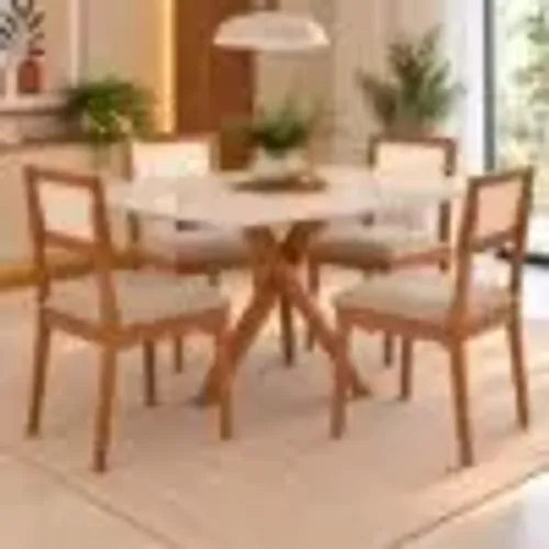 Mesa de Jantar Star C/Vidro 1.30 C/4 Cadeiras em Linho Bege l61 S