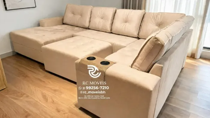 Sofá de Canto 3,10m com Chaise e Puff Veludo Azul D33 Luxo