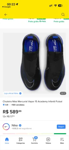 Chuteira infantil sem cadarço Nike original NOVA na etiqueta