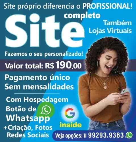 SITE PRÓPRIO DE NEGÓCIOS COM GOOGLE E WHATSAPP JÁ NA WEB EM PAGTO ÚNICO, SEM MENSALIDADES!