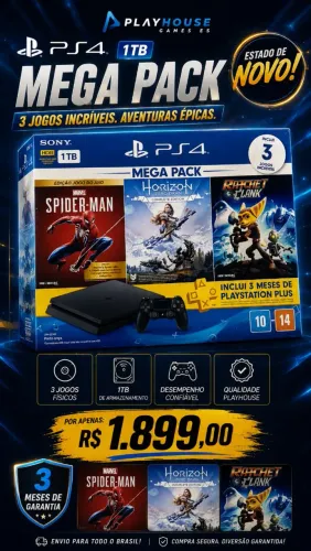 PS4 slim 1 TB mega pack 3 jogos físicos