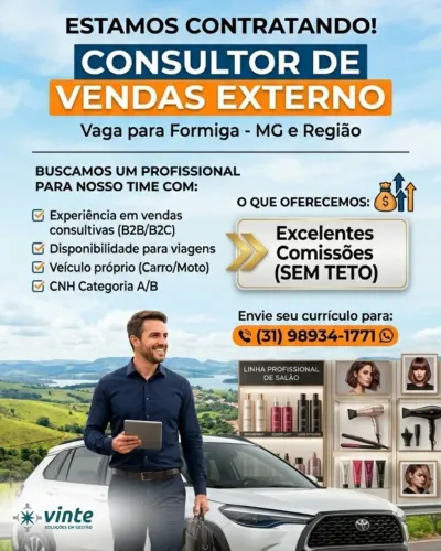 Consultor de Vendas Externo na cidade de Formiga - MG |  CLT - Híbrido 