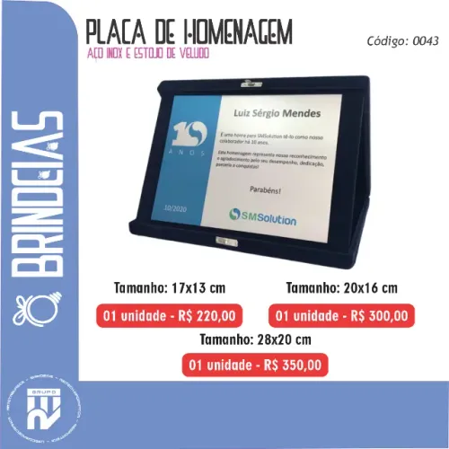 Placa de Homenagem Aço inox e estojo de veludo 17x13cm - Brindes Personalizados Brindeias