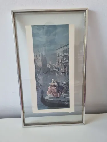 Antigo Quadro em Vidro com Poster Vintage Belle Epoque Veneza 53x30 cm