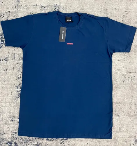 Camiseta Diesel Malha Peruana Azul Logo Básica Vermelha 