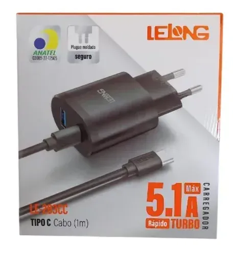 CARREGADOR TYPE-C PARA TYPE-C COM 1 PORTAS USB E USB-C 1M 5.1A LELONG LE-283CC
