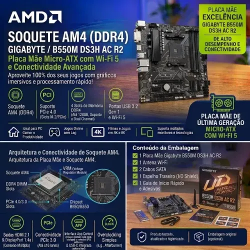 PLACA-MÃE GIGABYTE B550M DS3H AC R2 - AM4 / DDR4 / WI-FI