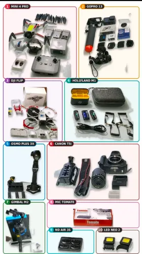 DRONES DJI MINI 4 PRO E FLIP, GOPRO 13, CANON T5i, OSMO, FILTROS ND, GIMBAL, BATERIA E HUB