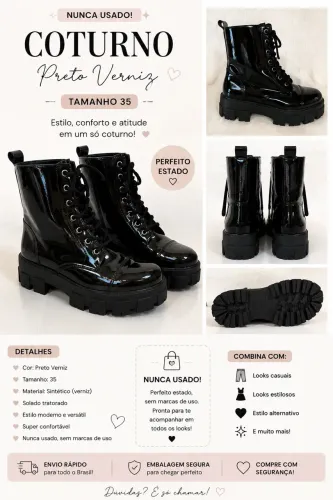 Coturno Moleca Preto Verniz Tratorado Tam. 35 | Nunca Usado