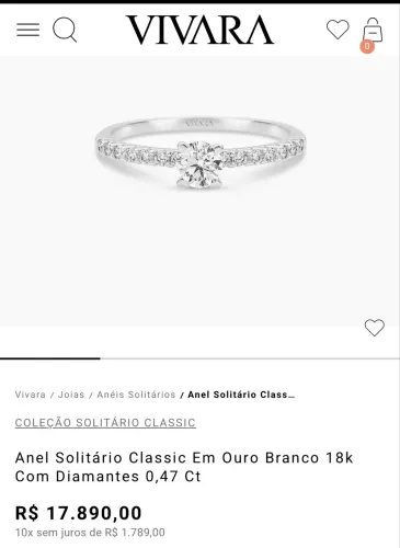 Anel solitário diamantes de 47 pontos Vivara
