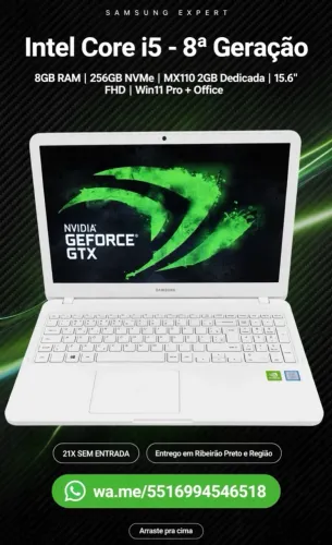 Notebook Samsung expert Branco top! Core i5 8GB RAM SSD NVMe m2 256gb Nvidia GeForce 2GB