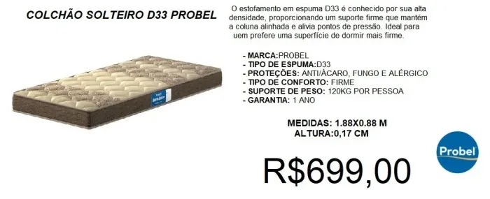 COLCHÃO SOLTEIRO PROBEL D28