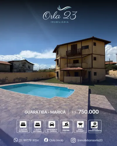 GUARATIBA, ORLA23 IMOBILIÁRIA VENDE! Casa triplex com piscina e vista para praia em Maricá