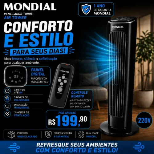 Ventilador Torre Mondial Air Tower 220V com Controle Remoto - Novo
