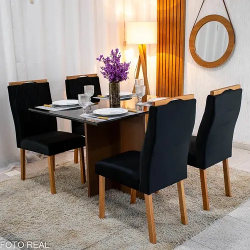 Mesa de Jantar Helo 120×90 Tampo MDF Vidro Preto 4 Cad. Lisboa Veludo Madeira Maciça