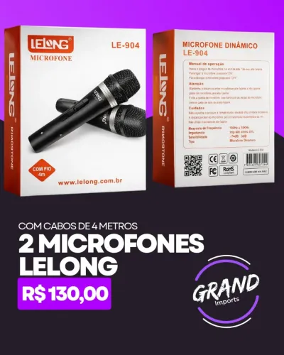 2 Microfones com cabos de 4 metros