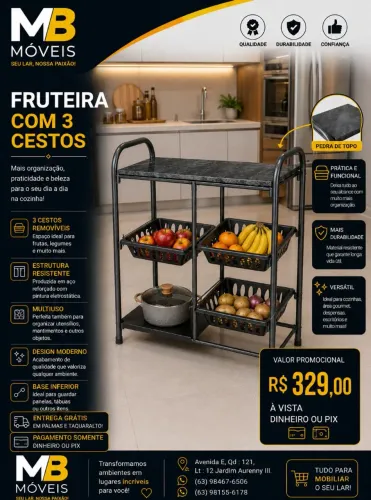 Fruteira com 03 cestos e 02 pratileiras para microondas- Prata/Granito Ocre nova.