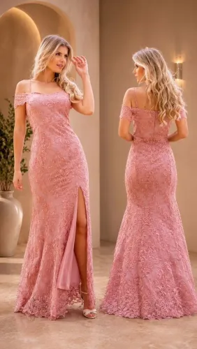 Vestido longo rosê de festa tam M em renda com fenda