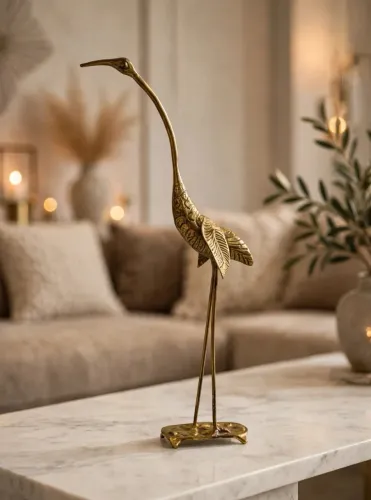 Escultura Garça Dourada em latão Vintage 35cm