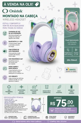 Headphone Bluetooth Onistek ON-FN463 Orelha de Gatinho