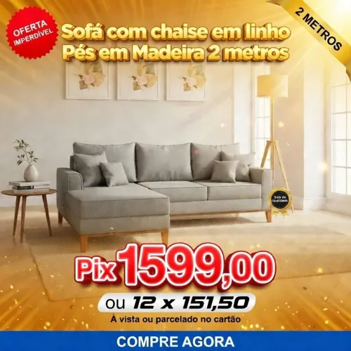 Sofá com chaise em linho Pés e base em Madeira várias cores 2 metros 