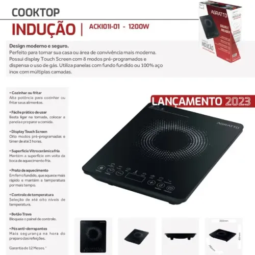 Cooktop Indução ACKI01I-01 Preto 1 Boca 1200W Agratto 127V