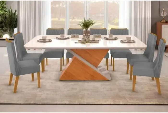 Conjunto Mesa de Vidro com 8 Cadeiras Estofadas Cinza Chumbo