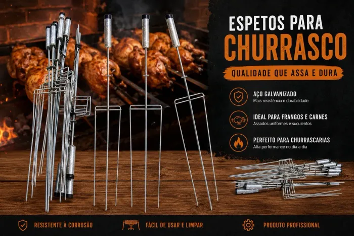 15 ESPETOS PARA ASSAR FRANGO - EM AÇO GALVANIZADO 3 PONTAS 