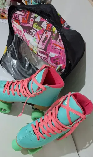 Patins Quad Retrô Oxer Secret Verde-Água e Rosa - Tam 37 (Com Bolsa Original)