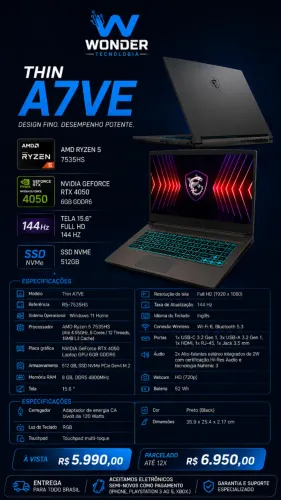 Notebook Gamer Msi Thin A7Ve RTX 4050