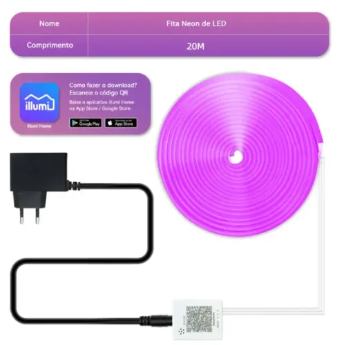 Fita LED Neon RGB 20 Metros Higoogoo com APP e Controle Remoto | Luz Decorativa Colorida
