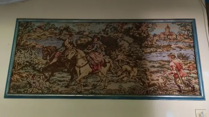 Quadro antigo tapeçaria Gobelin moldura em madeira