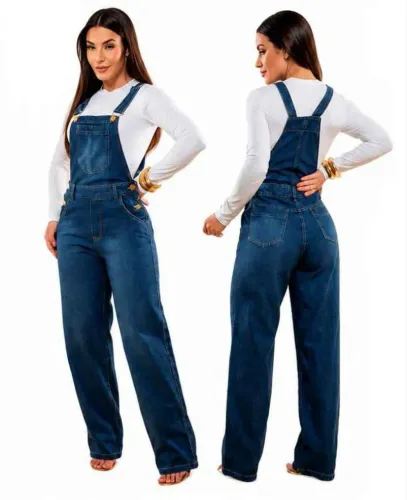Jardineira Jeans Wide Leg Feminina