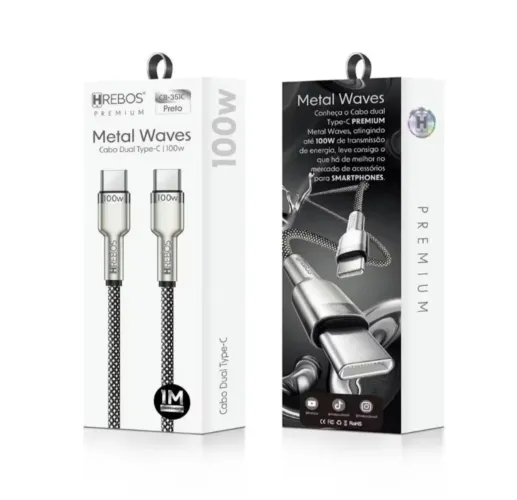 Cabo Dual Type-C 100W Metal Waves HREBOS Premium - 1 metro