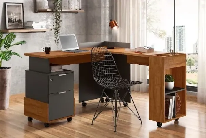 Escrivaninha em L com gavetas e nichos