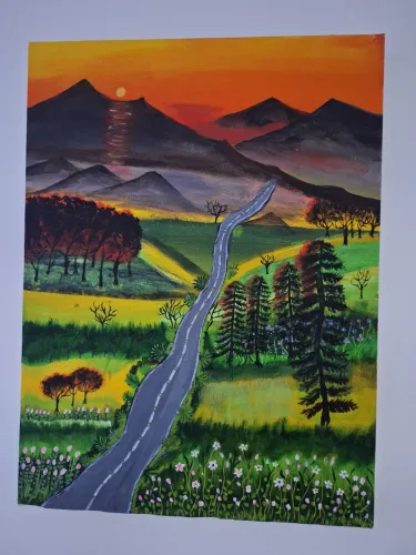 Quadro Pintado à Mão Paisagem com Montanhas e Estrada - 30x40 cm