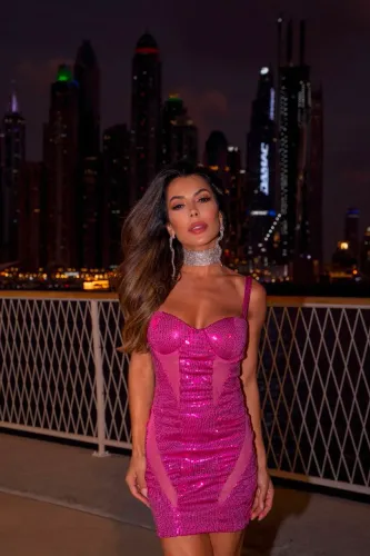 Vestido festa deslumbrante Pink/ Preto/ Rose 