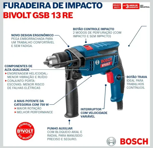 Furadeira de Impacto Bosch Bivolt GSB 13 RE PROFISSIONAL