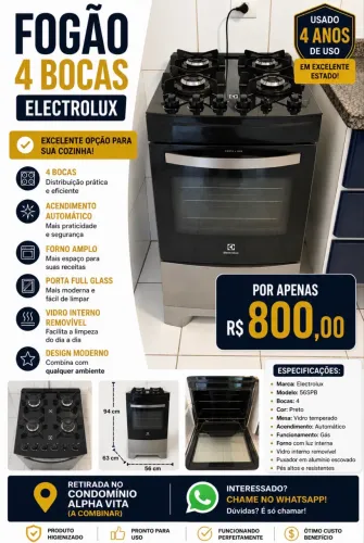Fogão electrolux 4 bocas - tampo de vidro preto temperado