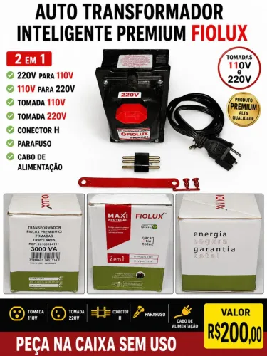 TRANSFORMADOR INTELIGENTE PREMIUM FIOLUX PREMIUM TOMADAS TRIPOLARES 3.000 VA.