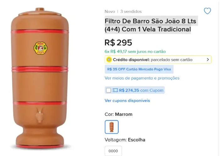 Filtro De Barro São João 8 Lts (4+4) Com 1 Vela Tradicional