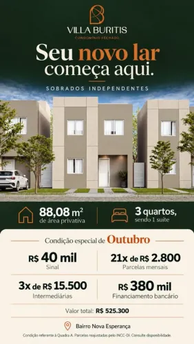Lançamento CMF, sobrado 3/4 a venda no Condomínio Villa Buritis em Cuiabá MT 