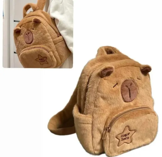 Mochila Passeio Capivara Pelúcia 30cm Marrom Claro
